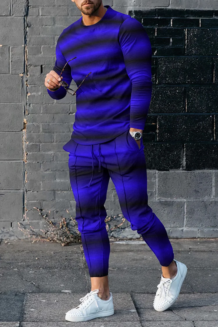 Men's Gradient Stripe Long Sleeve T-Shirt And Pants Two Piece Set