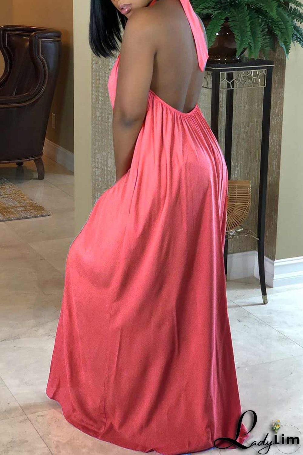 Black Sexy Print Split Joint Backless Halter Straight Dresses