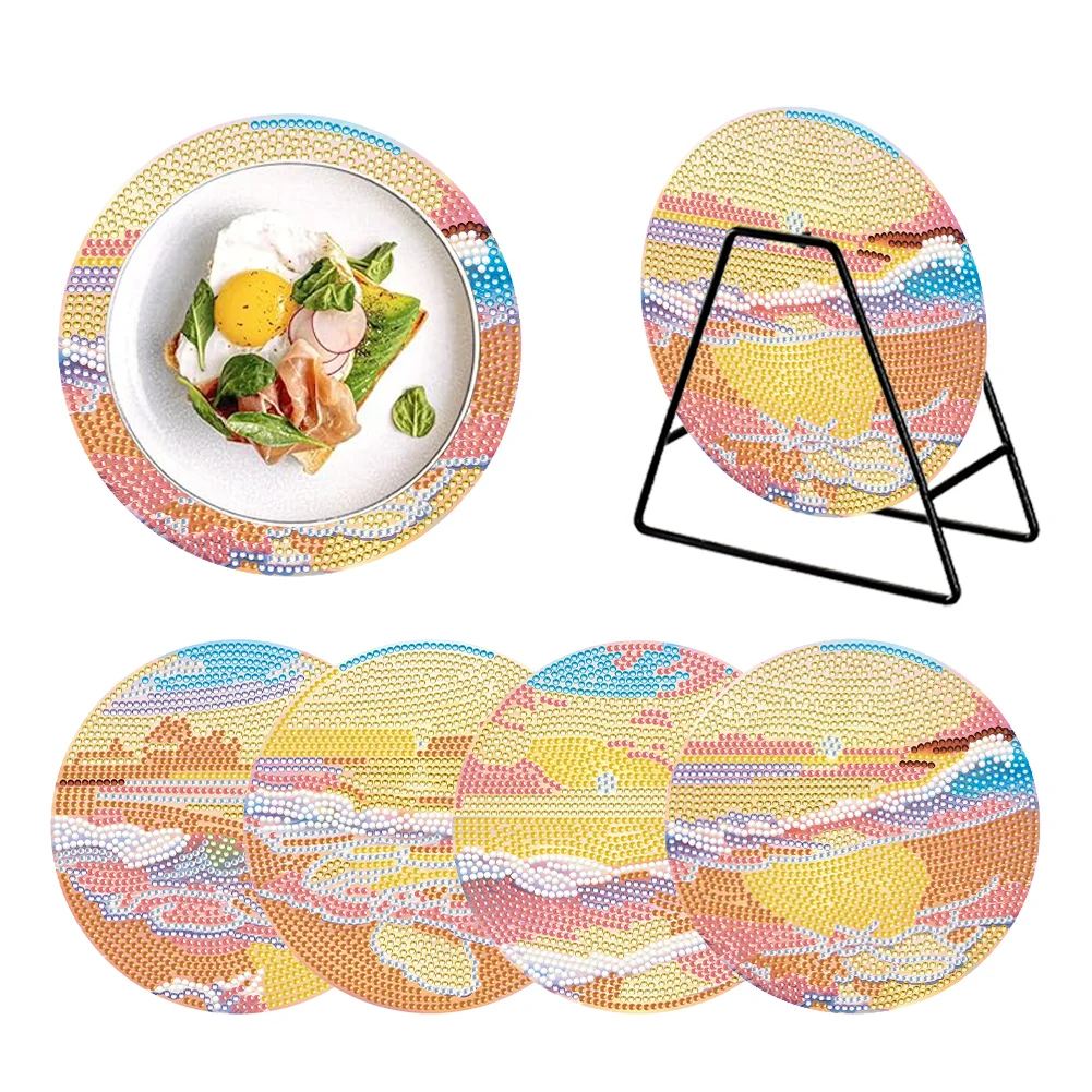 4 PCS DIY Beach Sea Wave Acrylic Diamond Painted Placemats with Holder