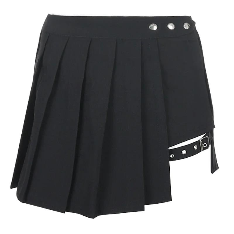 HEYounGIRL Gothic Harajuku Pleated Skirts Women with Leg Ring Black High Waist Short Skirt Summer Punk Casual Mini Skirt Ladies