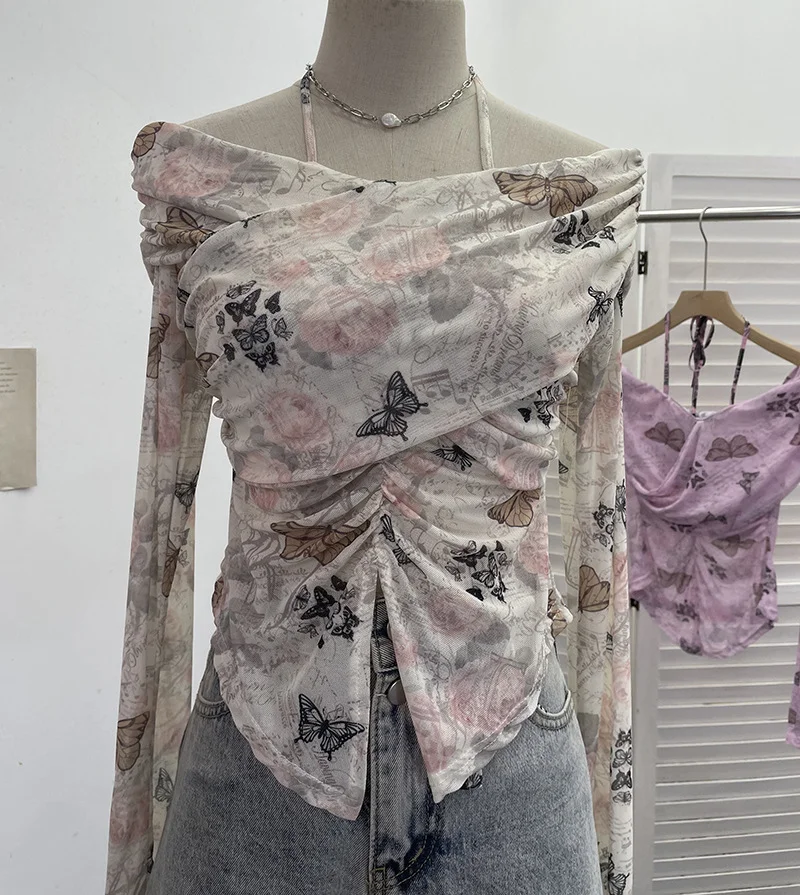 Uveng Real Shot Shoulder Strap Hanging Neck Pure Lust Wind Long-Sleeved T-Shirt Repair Cross-Folded Open Fork Short Top 9932