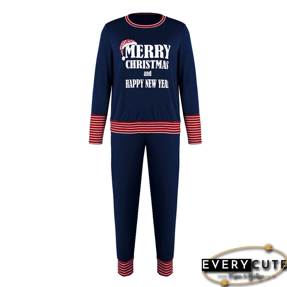 Navy Blue Merry Christmas Print Long Sleeve Loungewear Pajama Set