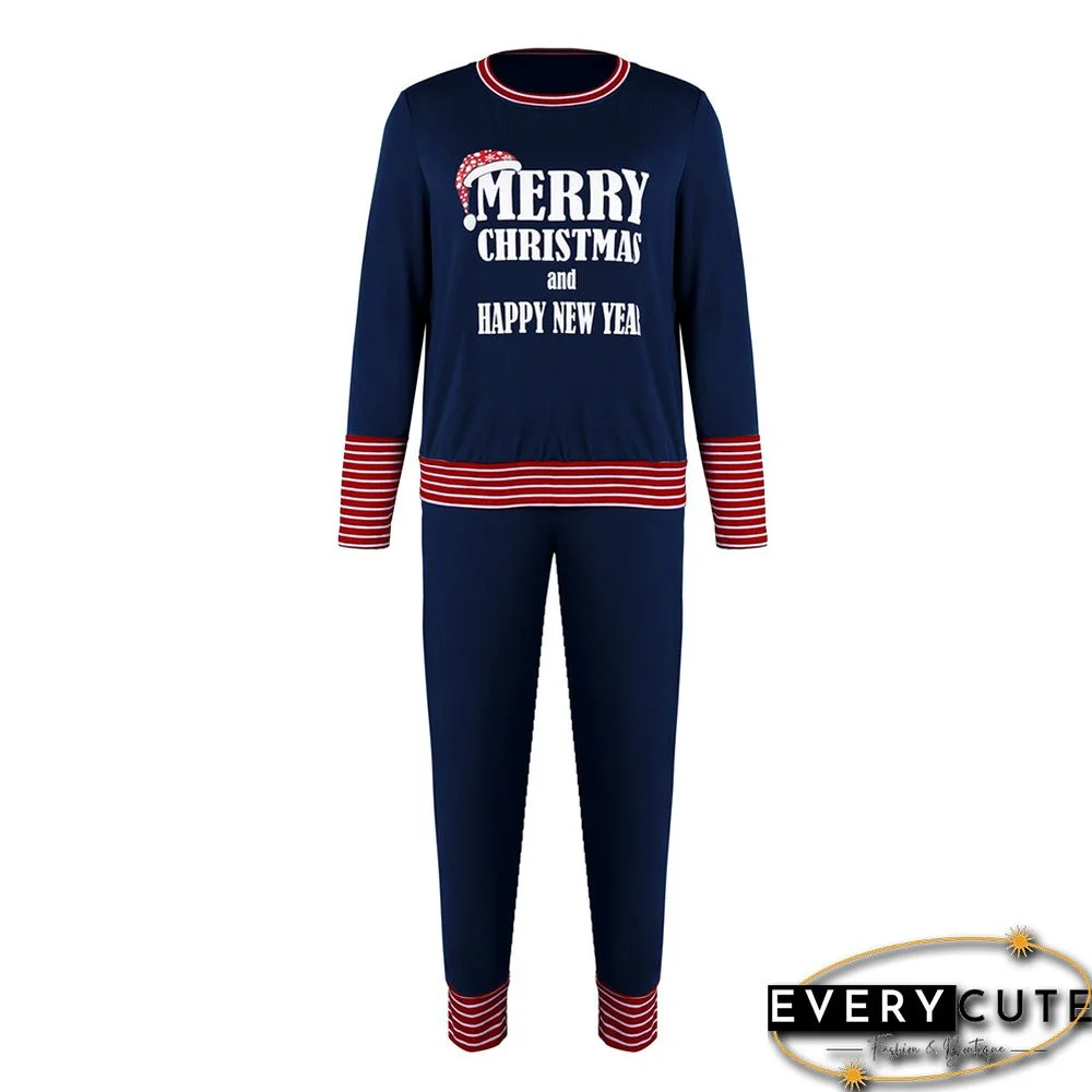Navy Blue Merry Christmas Print Long Sleeve Loungewear Pajama Set