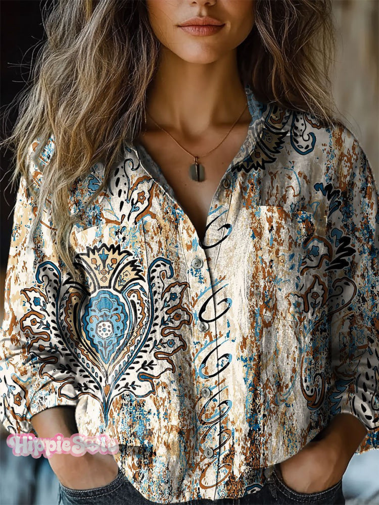 Women’s Retro Pattern Art Print Casual Long Sleeve Comfortable Cotton Shirt Multicolor / S