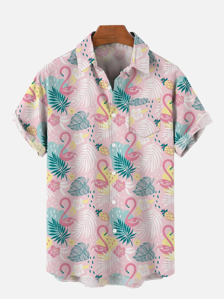 Men's Hawaiian Casual Summer Flamingo Print Graphic Short Sleeve Shirt PLUSCLOTHESMAN