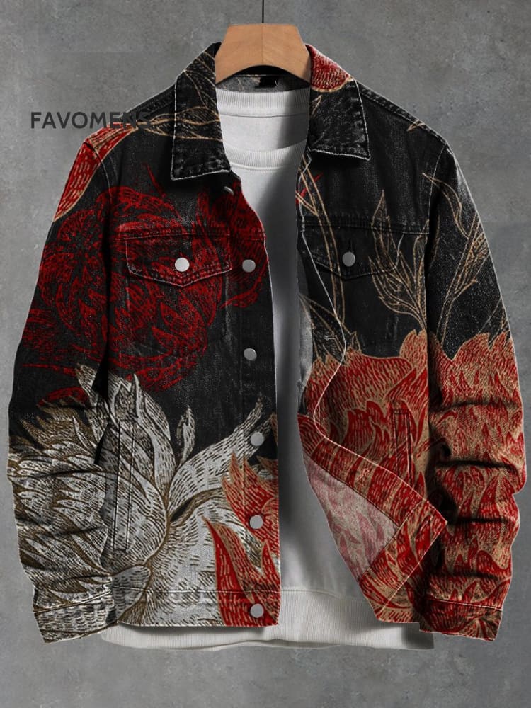 Vintage Printed Oil Painting Floral Casual Denim Jacket Multicolor / S