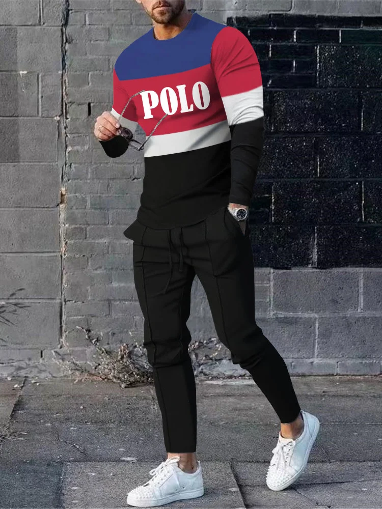 Men's fashion casual striped print long sleeve two-piece set