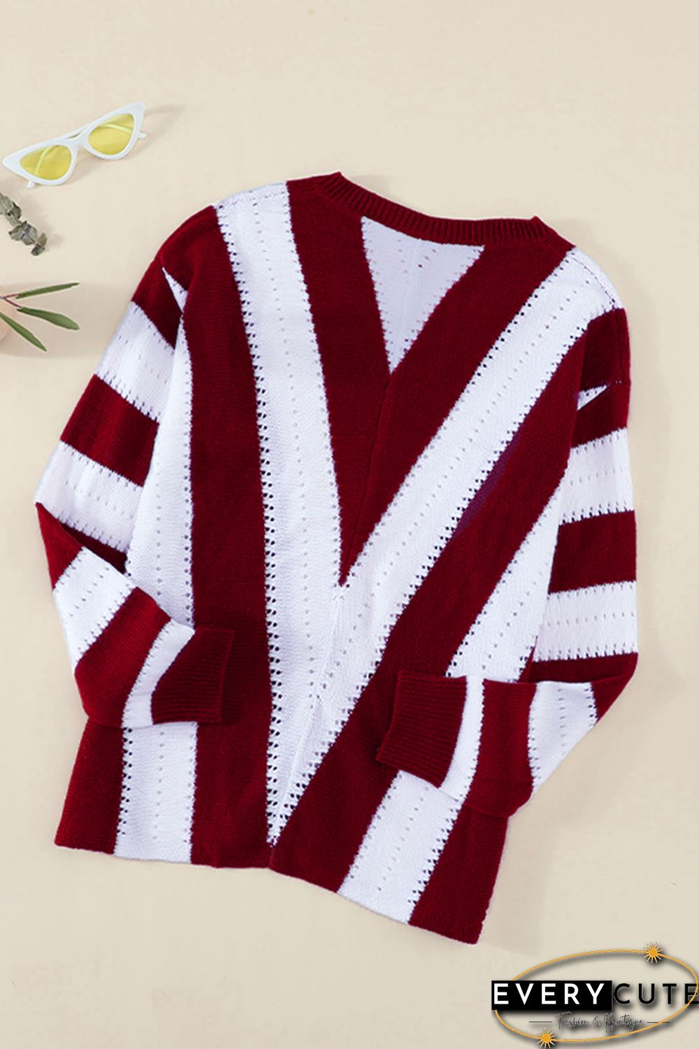 Red Striped Colorblock V Neck Knitted Sweater