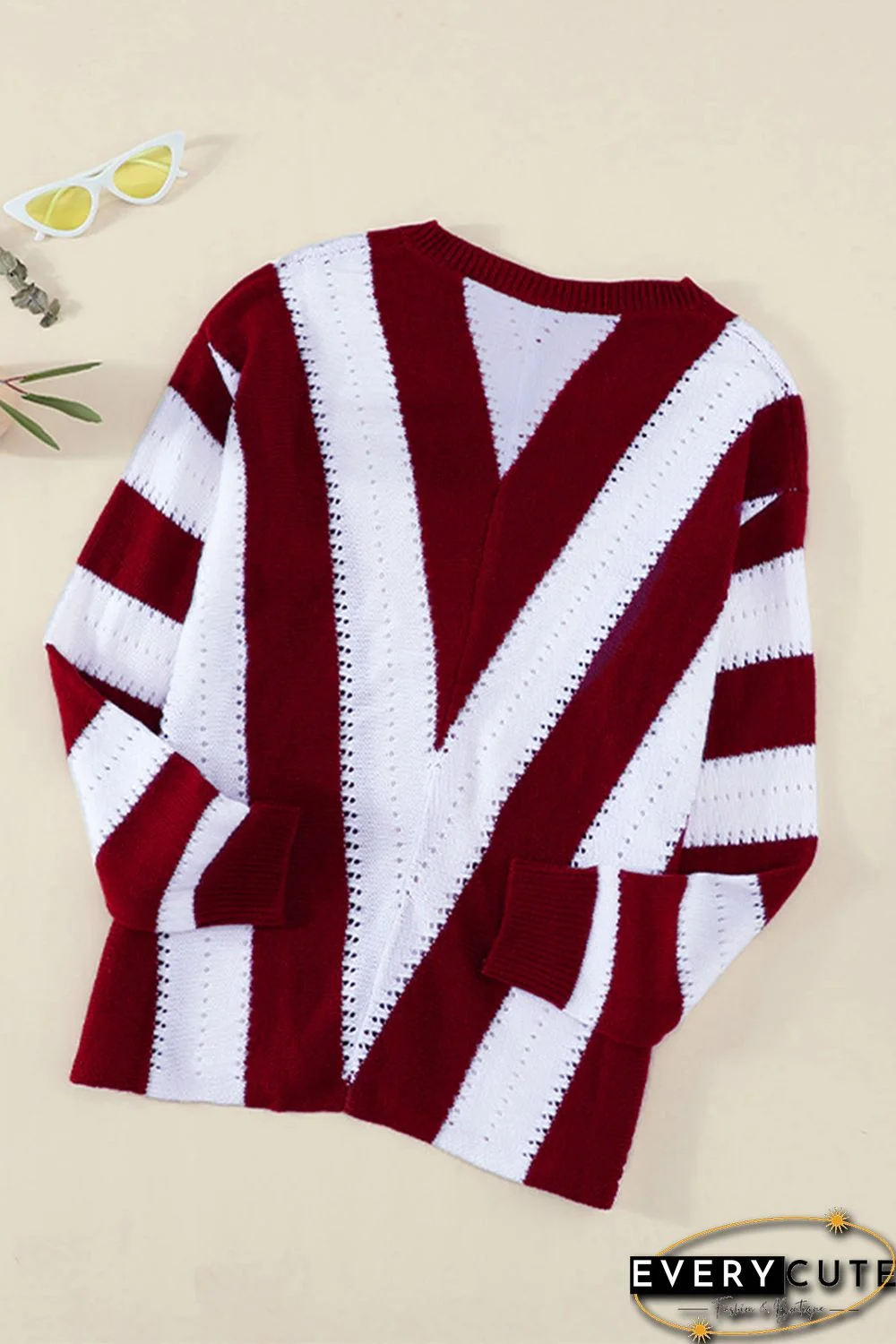 Red Striped Colorblock V Neck Knitted Sweater