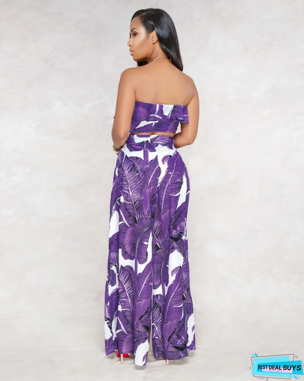SEXY PRINTING STRAPLESS FLOUNCE TOP WIDE-LEG TROUSERS SUIT