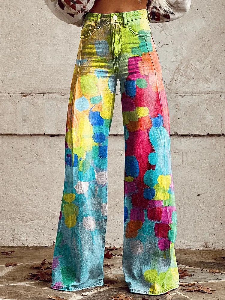 Women's Bright Color Block Print Casual Wide Leg Pants