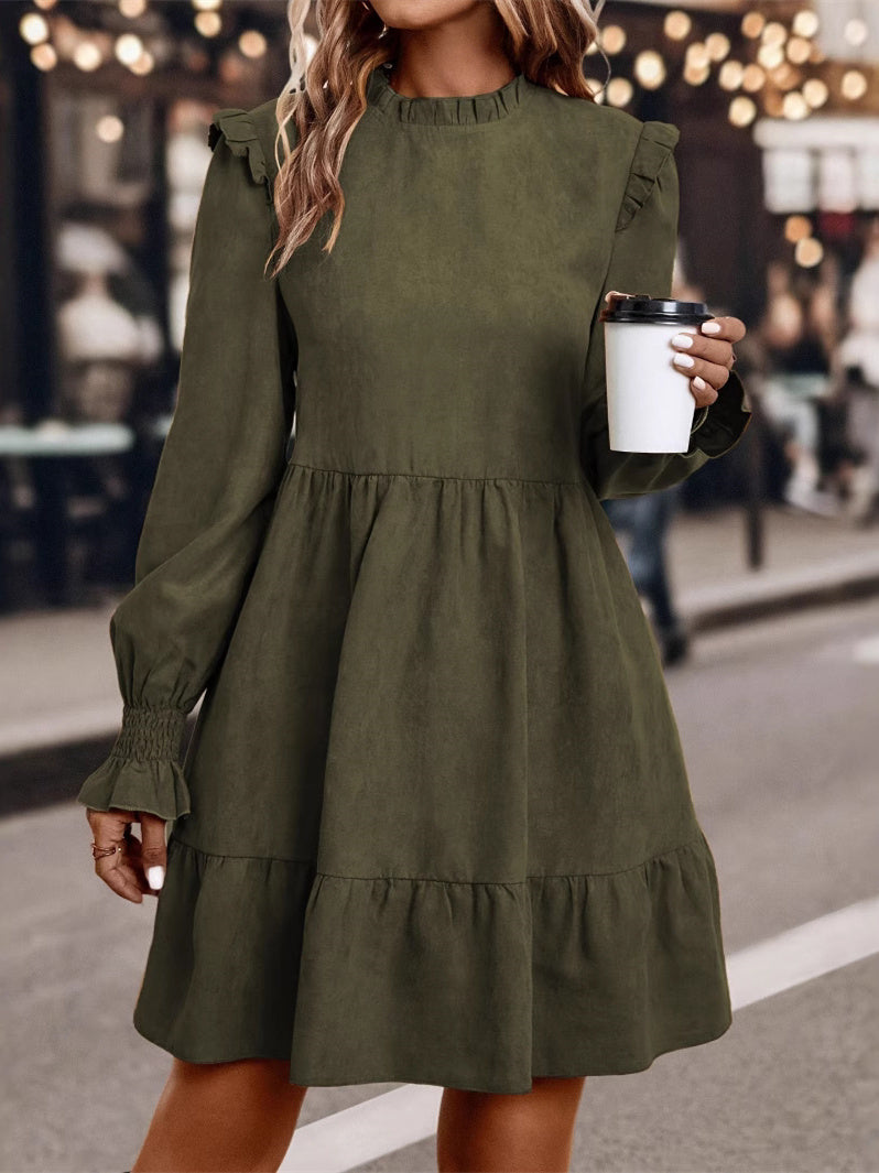 Women's Long Sleeve Scoop Neck Solid Color Temperament Midi Dress