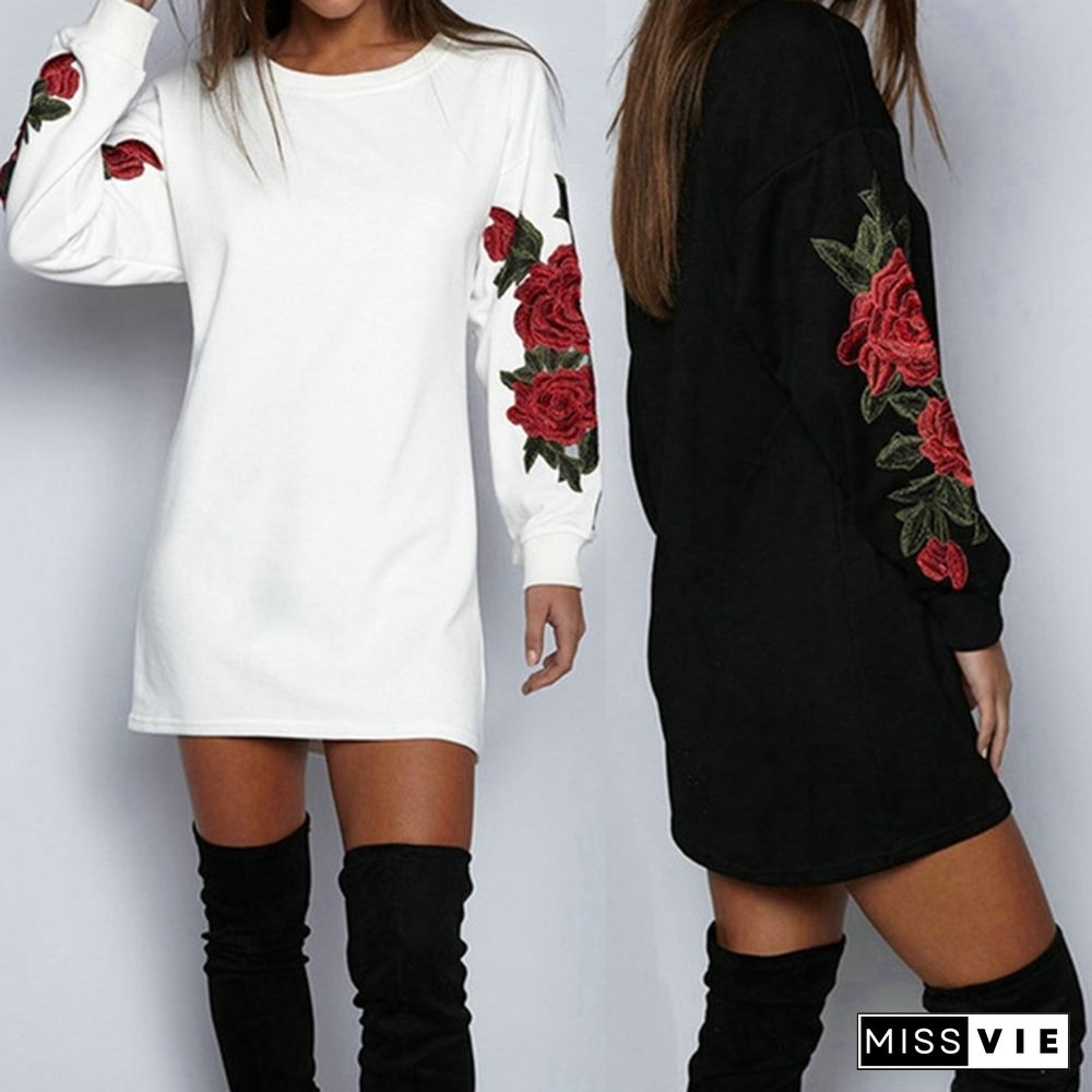 Women's Fashion Embroidery Long Sleeve Sweater Dress S-5XL
