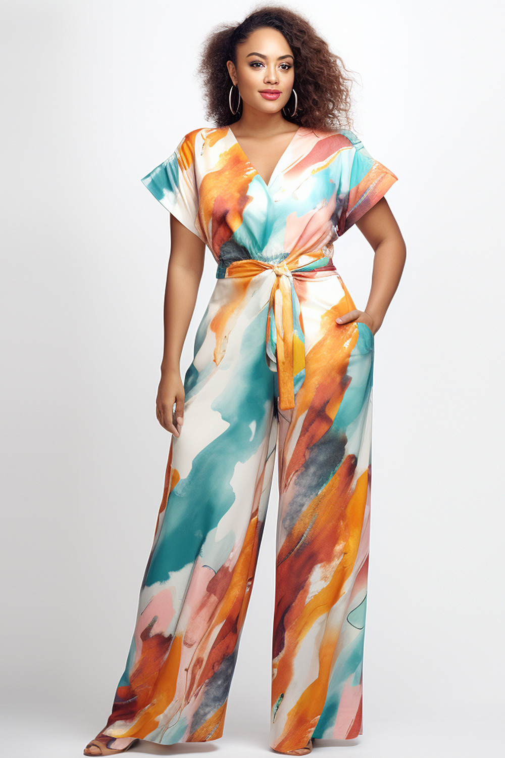 Flycurvy Plus Size Everyday Wrap Graffiti Watercolor Pocket Jumpsuit 2024 - Flycurvy 