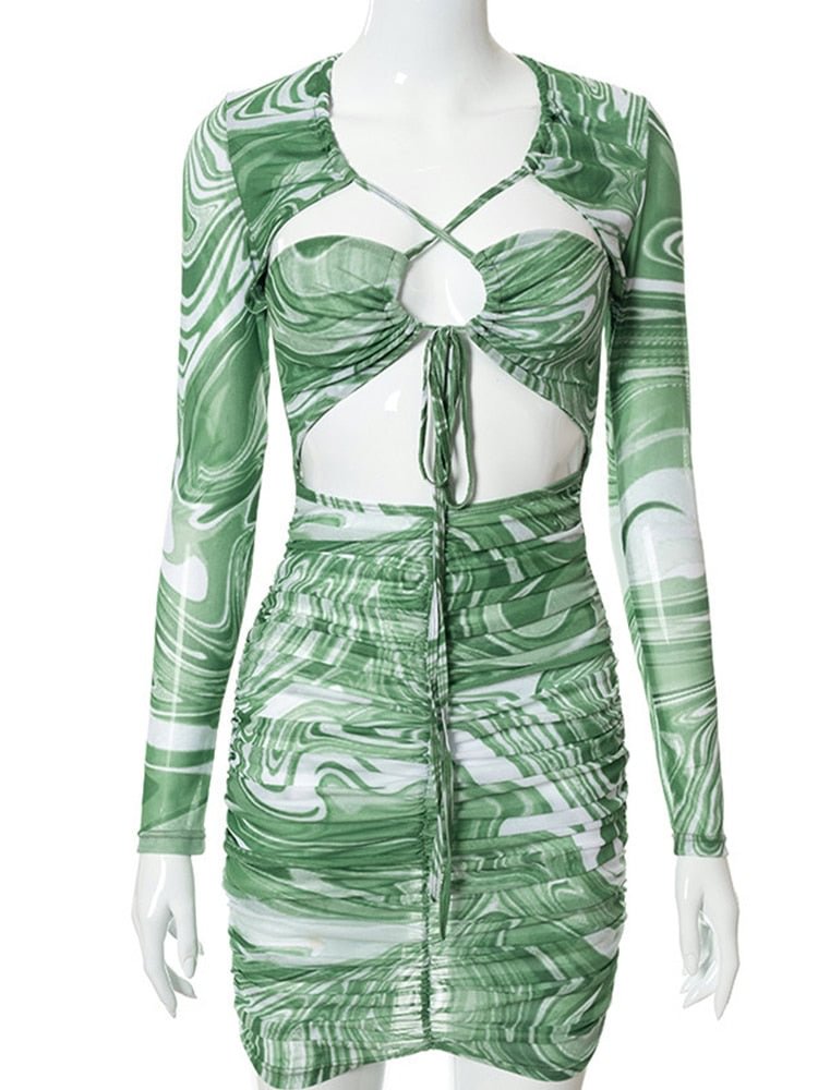 WannaThis Print Mini Dress For Woman Hollow Out Lace Up Long Sleeve Green Women Holiday Sexy Bodycon Fashion Autumn Dresses 2021