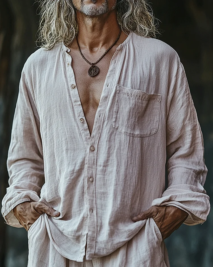Men's Casual Solid Color Linen Long Sleeve Shirt