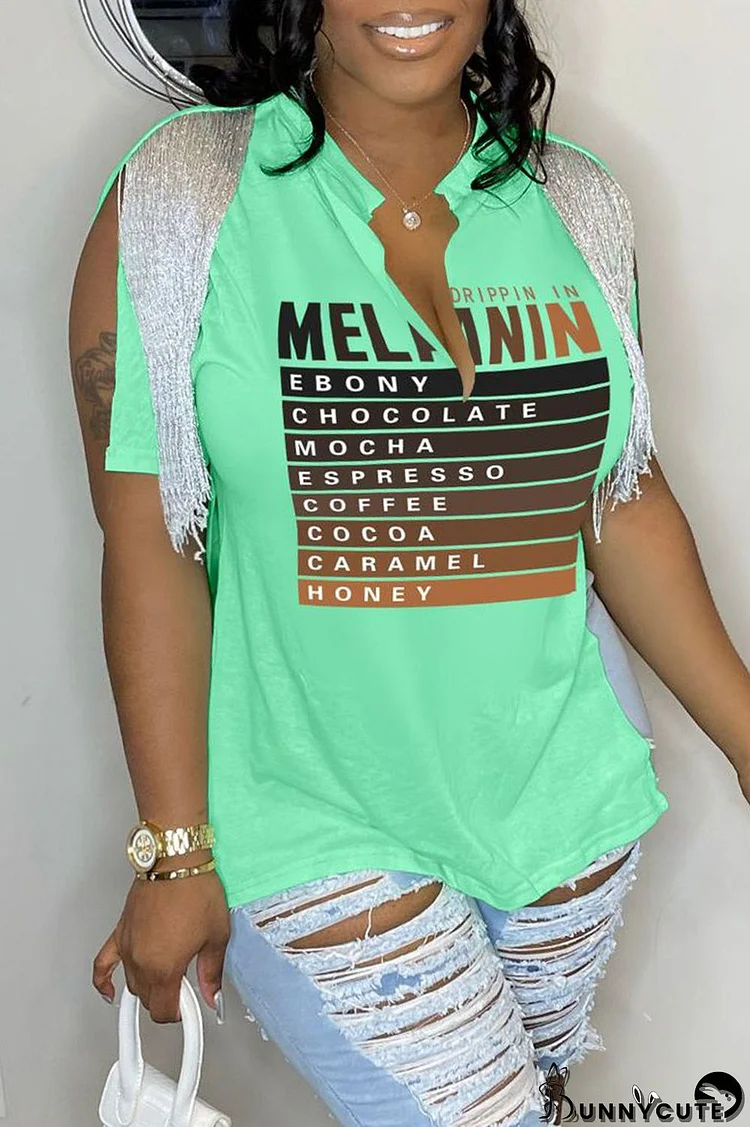 Light Green Casual Letter Print Tassel Patchwork V Neck T-Shirts