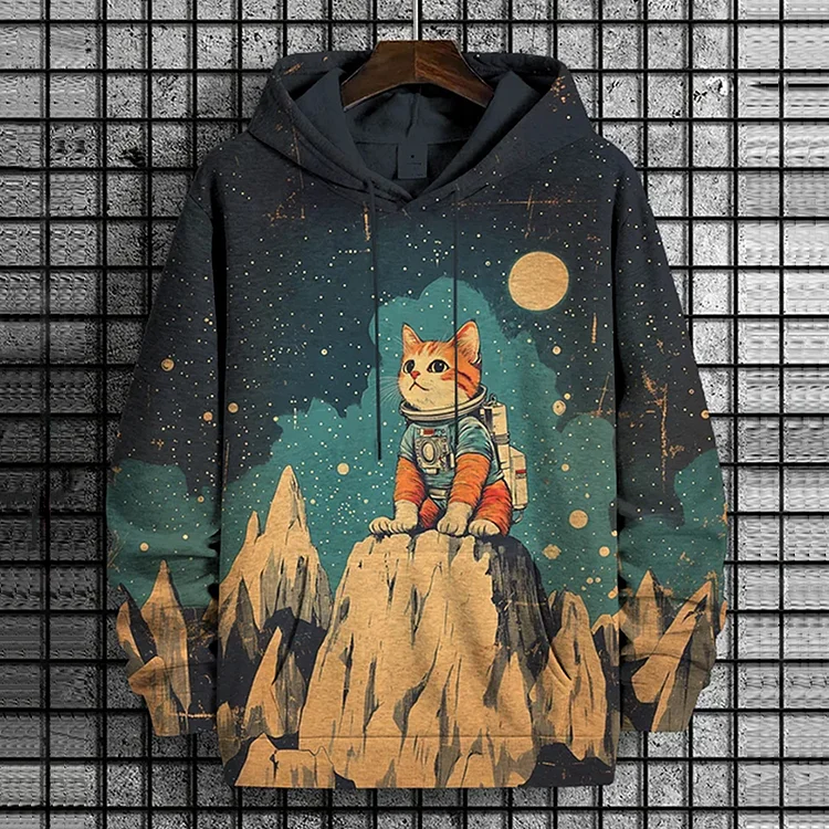 Men's Brave Cat Meets Fantasy Landscape Art Print Casual Hoodie