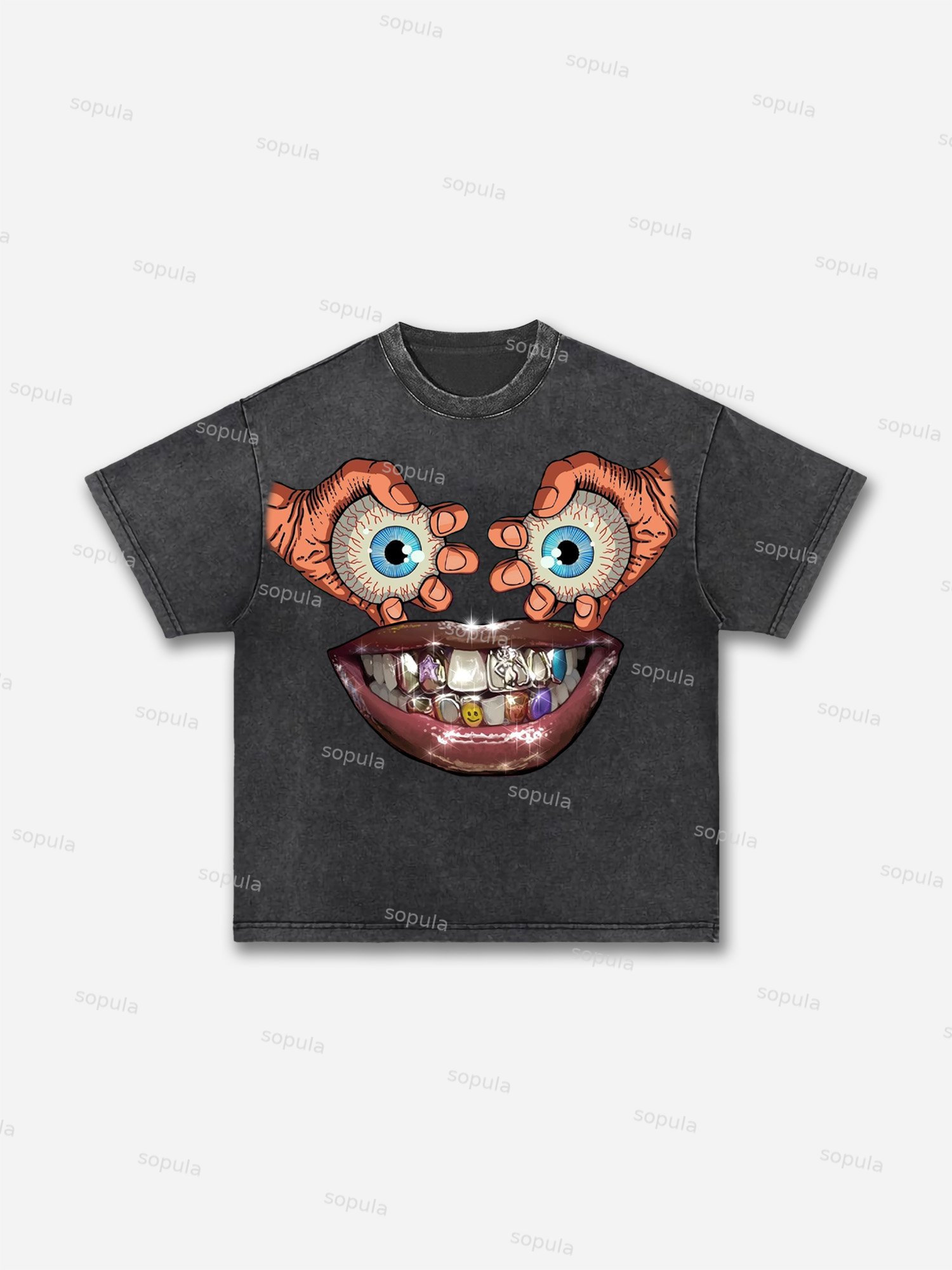 Eyes, Lips, Braces Retro Cartoon Graphic Acid Wash T-shirt - Sopula｜Premium Graphic Tees & Graphic Clothing