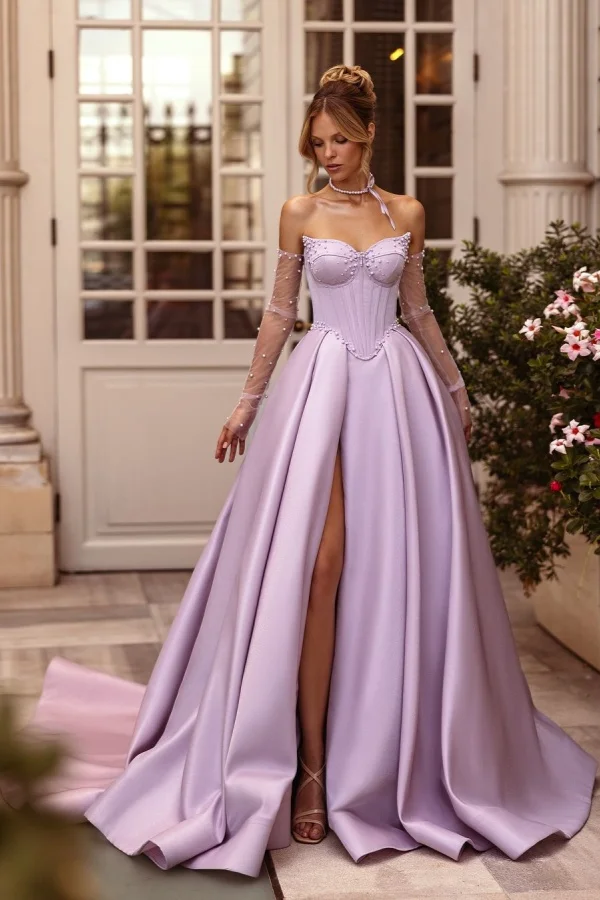 Lisliy Strapless Pale Purple Pearls Beaded Long Split Prom Dress