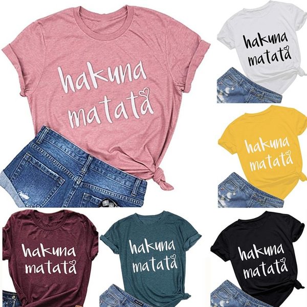 Women's Fashion Hakuna Matata Letter Print Summer T Shirt Casual Short Sleeve Shirts Plus Size - BlackFridayBuys