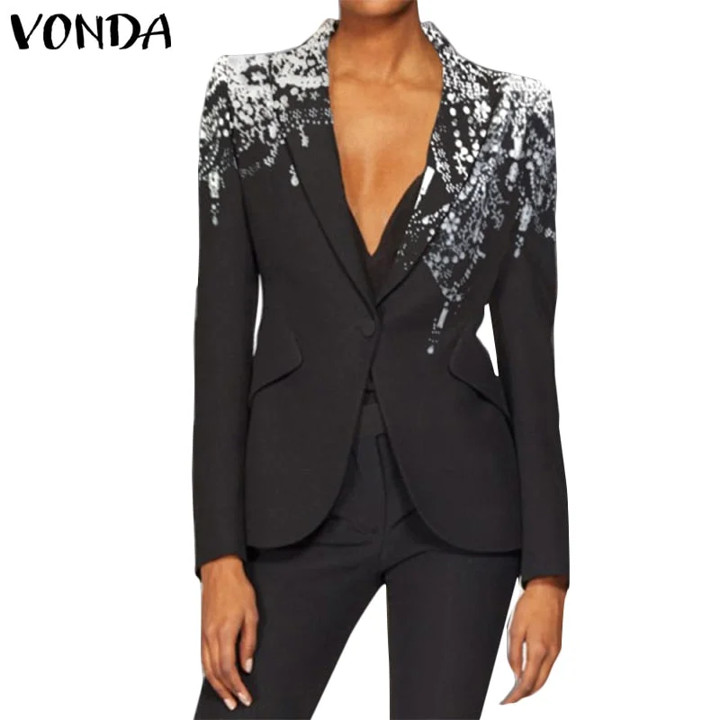 Office Lady Blazer Women Printed Long Sleeve Suit Blazers 2021 VONDA Sexy Lapel Collar Pleated Button Up Jackets Femininas