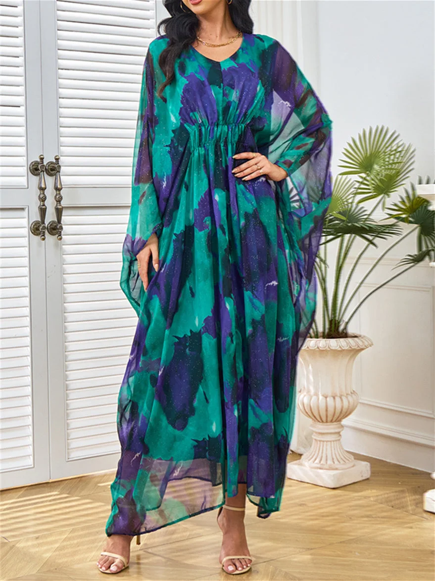 Women's Long Sleeve V-neck Colorblock Printed Maxi Dress