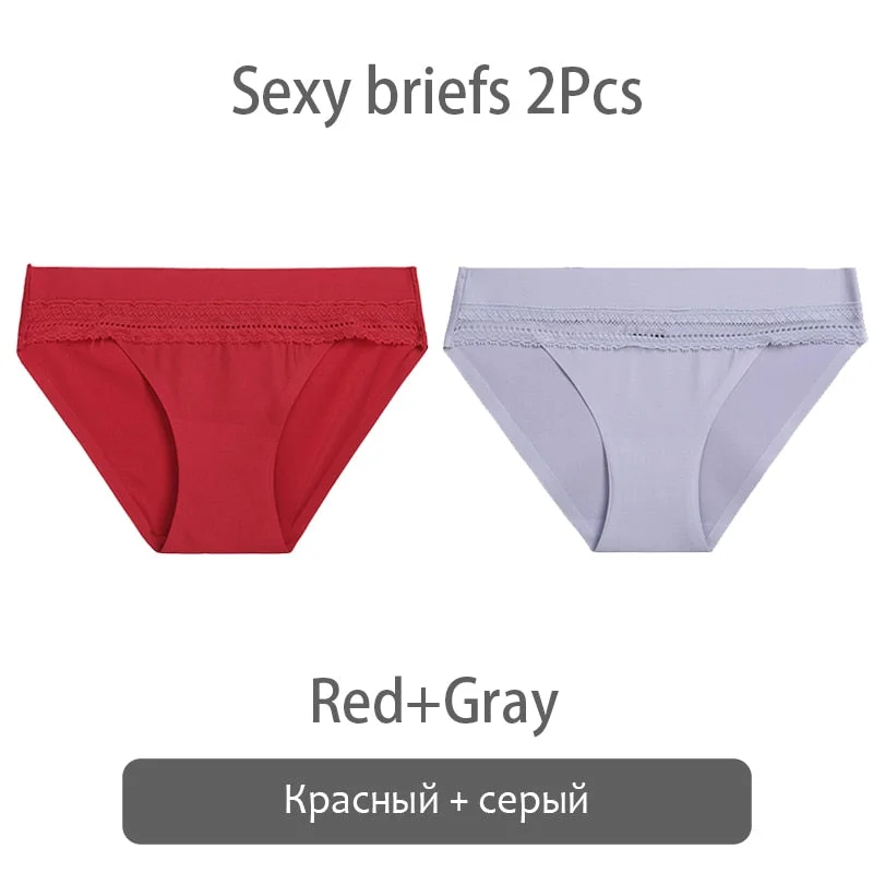 FINETOO 2Pcs/set Lace Panties Women Silk Underwear M-XL Smooth Panty Comfortable Girls Underpants Sexy Briefs 6 Colors Lingerie