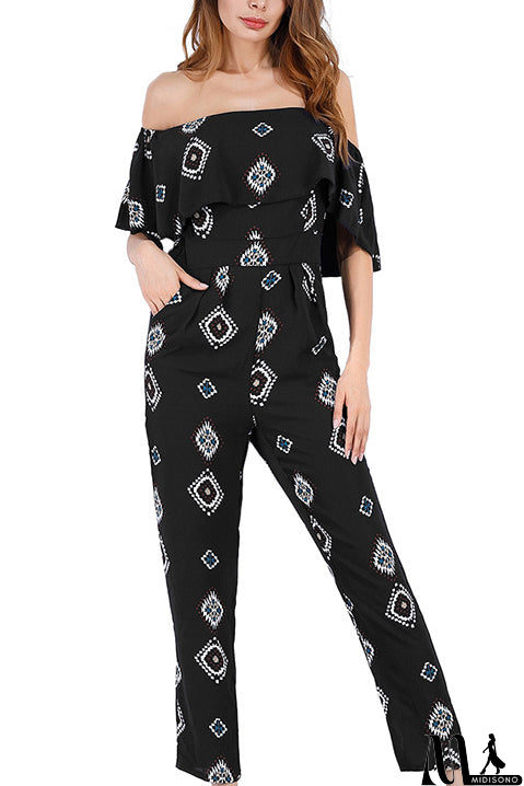 MidiSono - Off-the-shoulder Printed Chiffon Jumpsuit