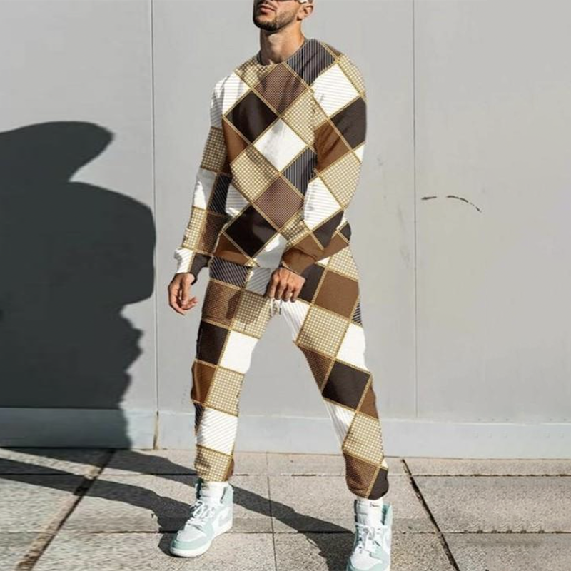 Men's Colorblock Check Sweatshirt And Pants Two Piece Set