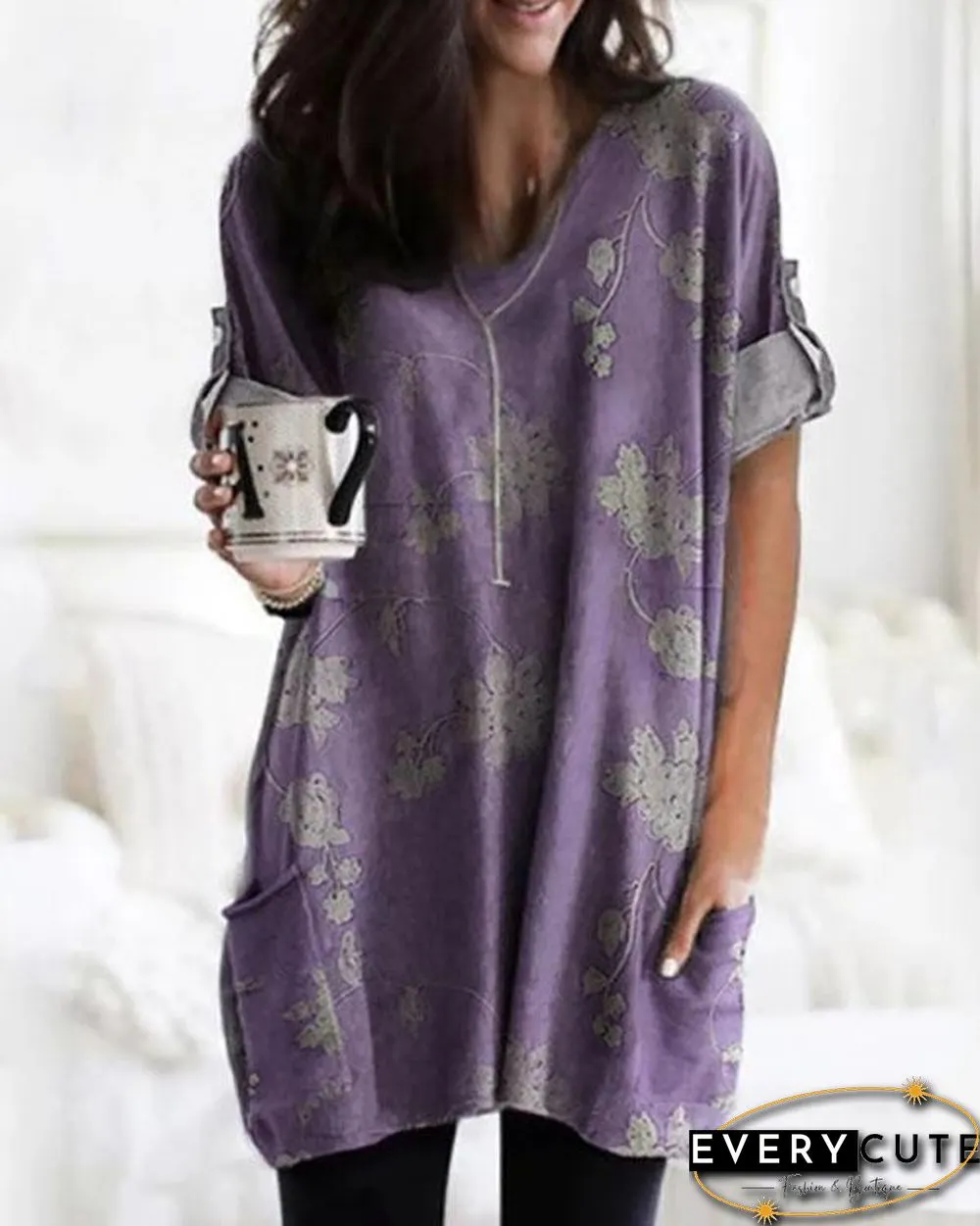 Temperament Printed V-Neck Loose Long Sleeve T-Shirt