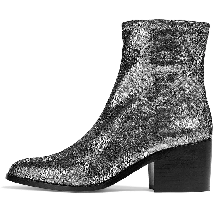 Grey Metallic Python Chunky Heel Ankle Boots |FSJ Shoes