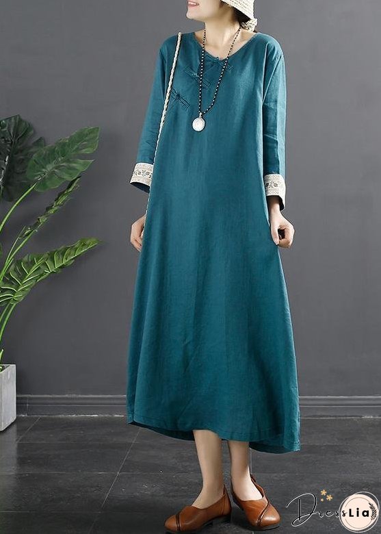 Loose Pockets Spring Tunics Runway Blue Cotton Dresses