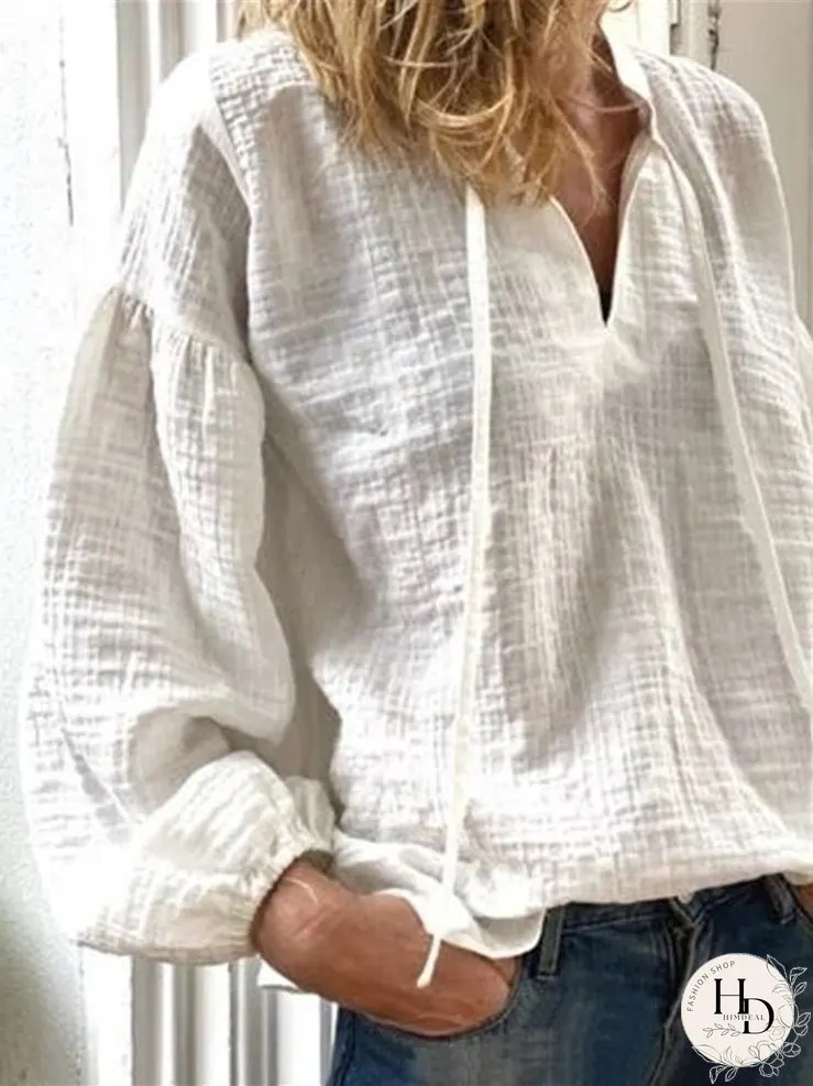 Blouses Casual Solid V-Neck Long Sleeve Blouse for Women