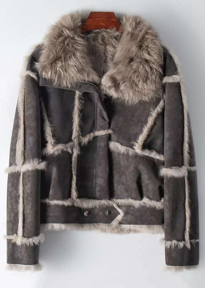 VCSHOES Dark Grey Rabbit Hair Collar Zippered Patchwork Leather And Fur Coat Winter