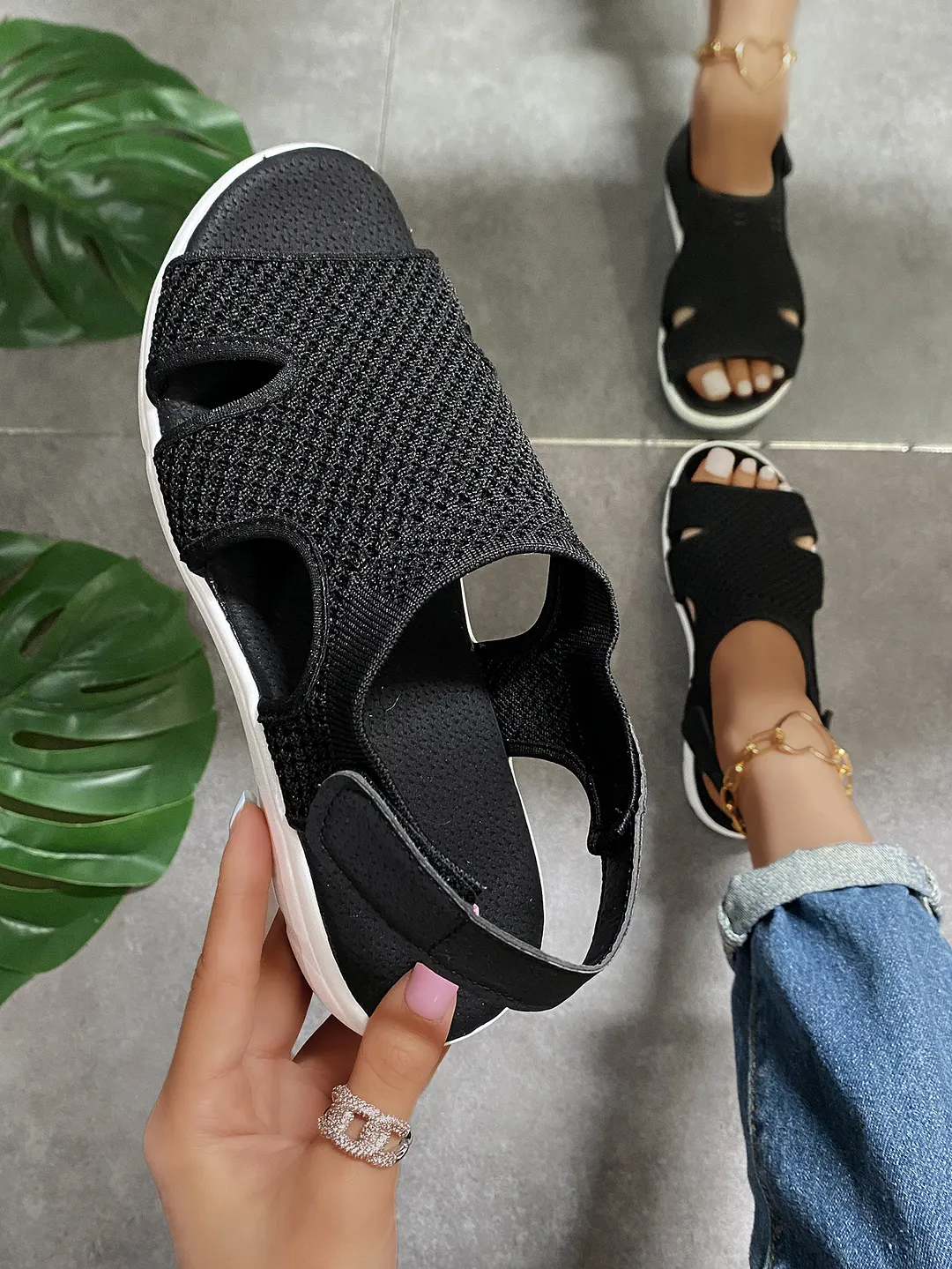 Breakj Breakj Summer New Women's Sandals Large-Size Breathable Elastic Fly Weaving Flat Bottom Casual Women's Shoes