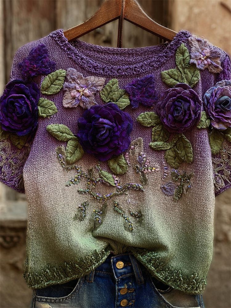 Vintage Purple Floral Gradient Knit Short Sleeve Sweater wearshes