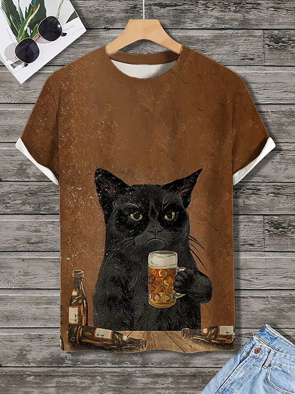 Men's Black Cat Drinking Beer Art Print Casual T-Shirt