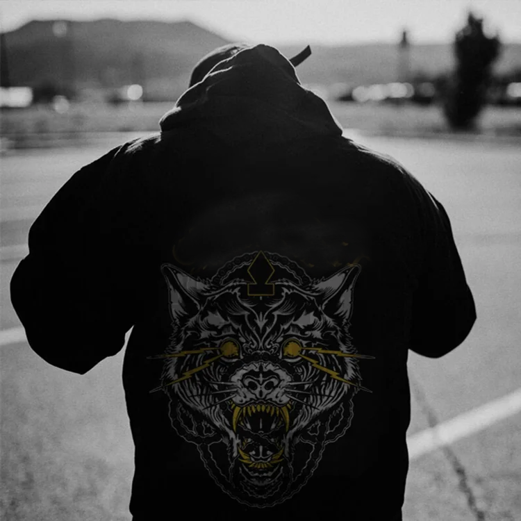 Beast with Glowing Eyes Casual Black Print Hoodie