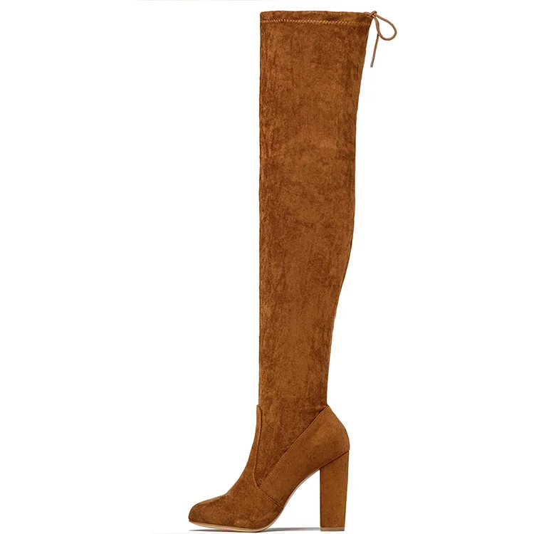 Brown Almond Toe Vegan Suede Boots Back Laced Block Heel Thigh High Boots |FSJ Shoes