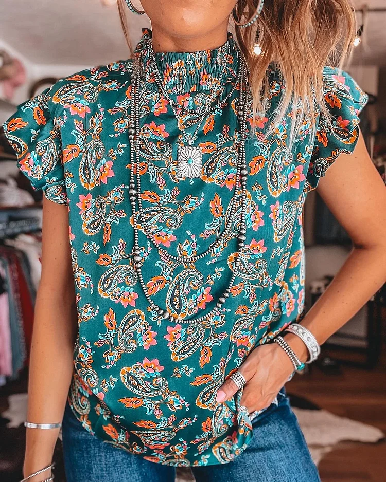 Vintage Ethnic Western Print Ruffled Sleeveless Top