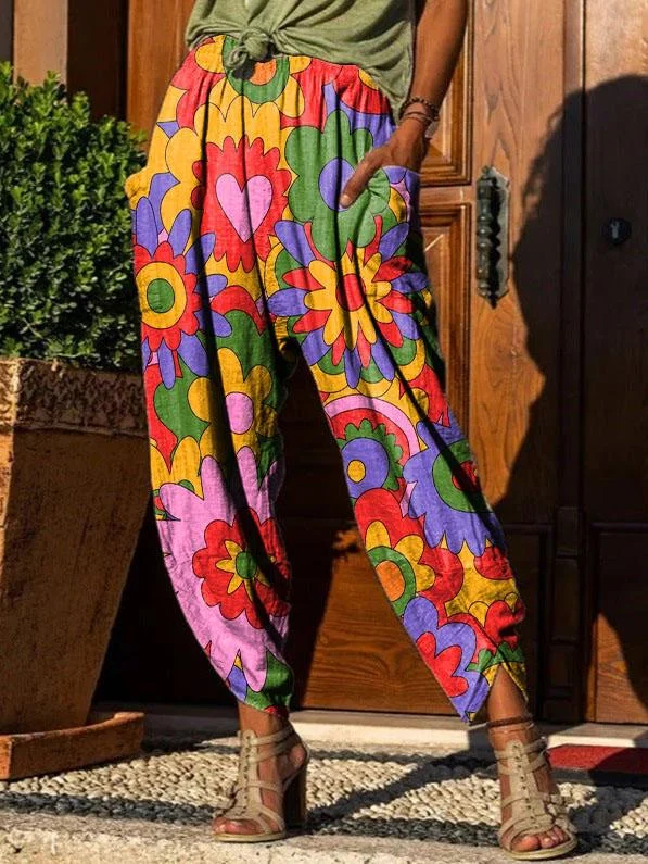 Women's Retro Rainbow Floral Print Casual Trousers