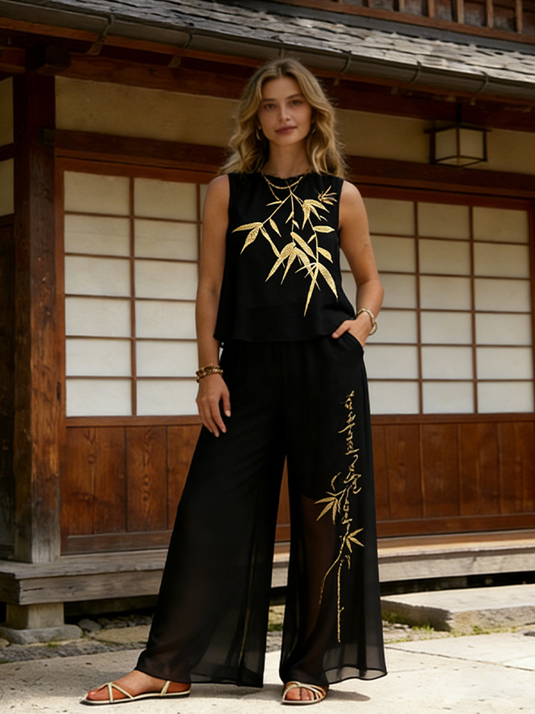 Retro Bamboo Pattern Women's Summer Casual Set elevenforest