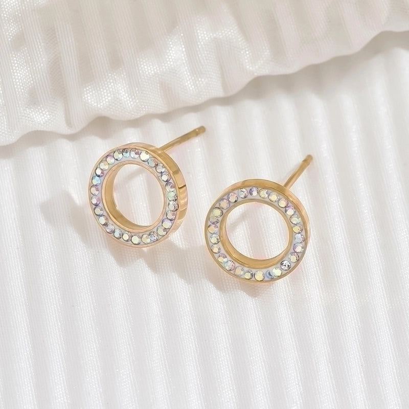 1 Pair Elegant Shiny Glittery Round Polishing Plating Hollow Out 304 Stainless Steel Zircon 14K Gold Plated Ear Studs
