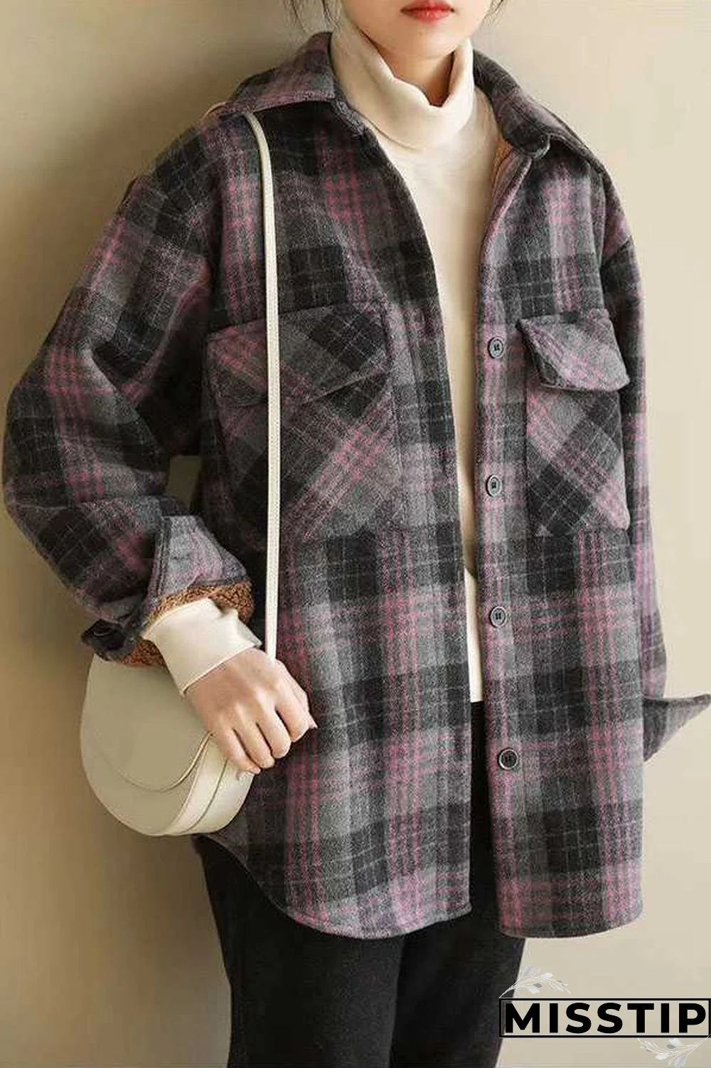 Classic Thick Colorblock Checked Button Down Shirt Jacket Woolen