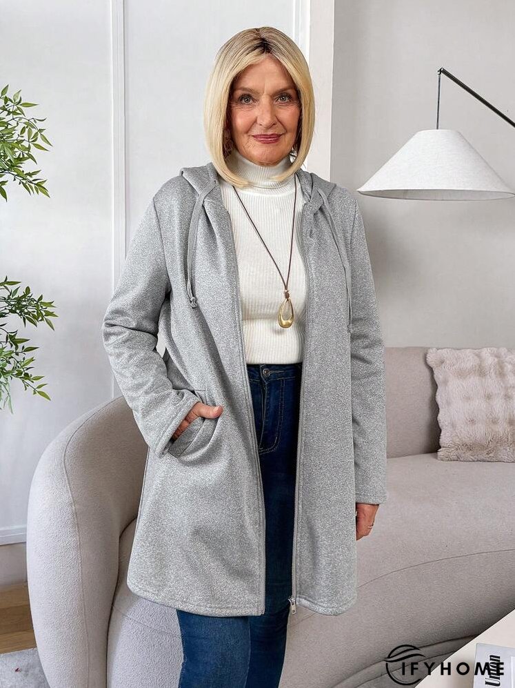 Women's Plain Pocket Hooded Zip-Up Long Sleeve Jacket | IFYHOME