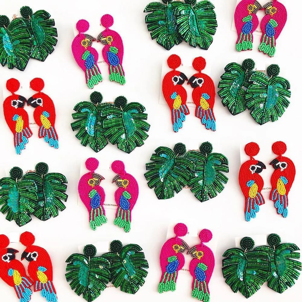 Dvacaman Boho Handmade Beaded Leaf Parrot Pendant Earrings for Women 2022 New Design Wedding Jewelry Korean Drop Dangle Earrings