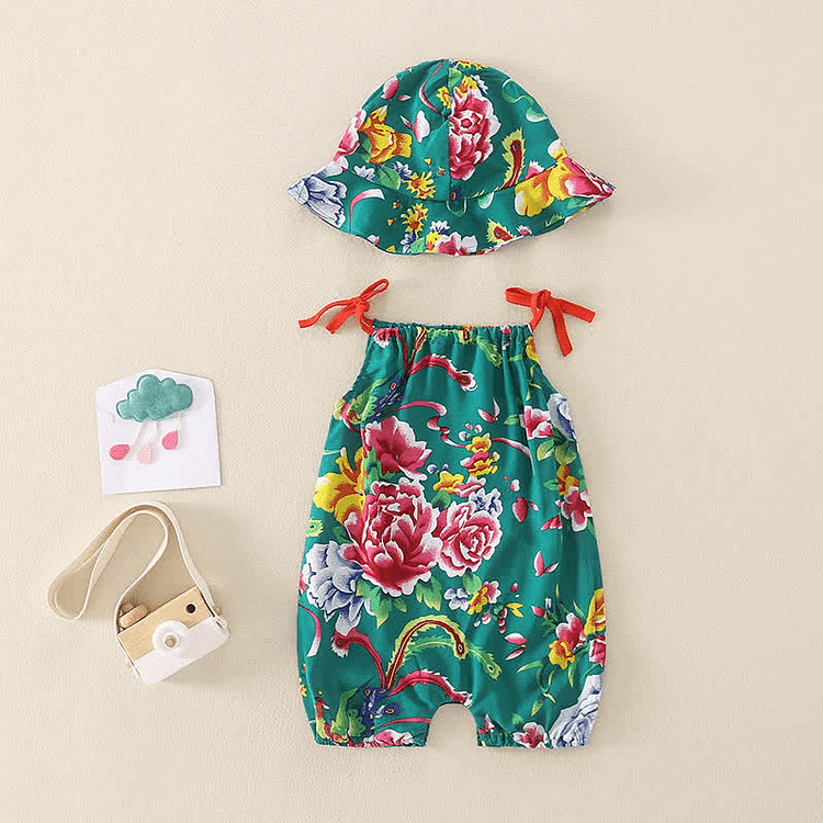 Baby Strap Flower Romper with Hat