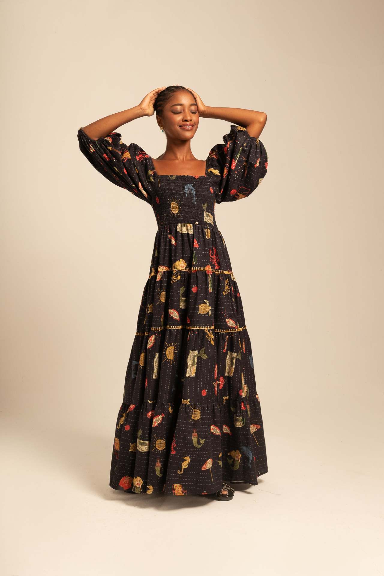 Mature Women Summer Puff Sleeve Printed Square Collar Swing Long Dress Beach Holiday Dress