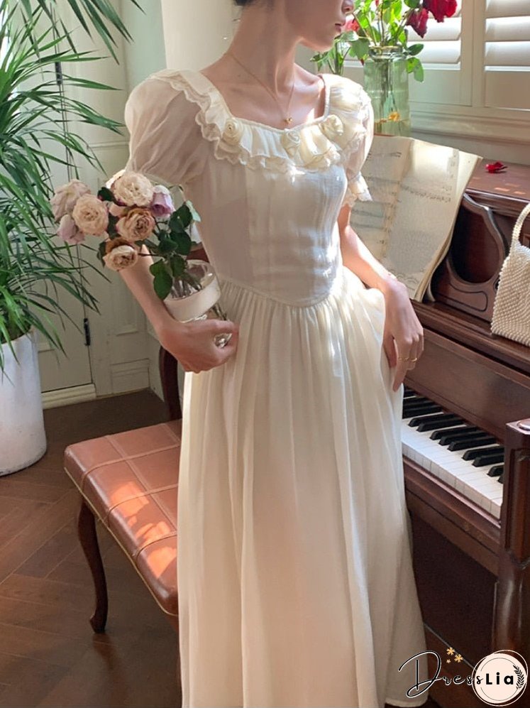 Joskka Rose Flower Elegant Vintage Dress Women Ruffles Lace Fairy Sweet Long Dress Female Bubble Sleeve Princess Designer Dress